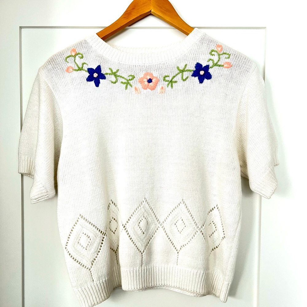 Vintage Floral Embroidered Knit Cotton Blend Boxy Sweater Tee S/M
